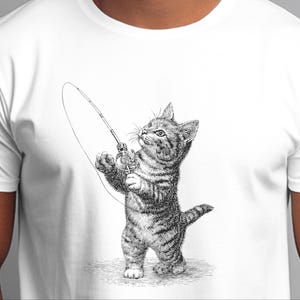 Parody Cat Shirt, Kitten Fishing Vintage Engraving, Retro Funny Cat Tee, Antique Line Art, Old World Graphic Novelty Humor, Fishermans Gift image 8