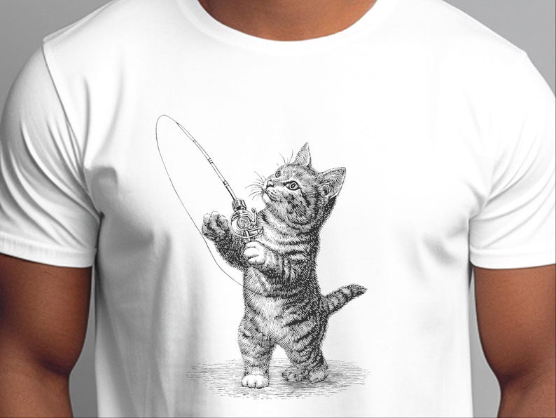 Parody Cat Shirt, Kitten Fishing Vintage Engraving, Retro Funny Cat Tee, Antique Line Art, Old World Graphic Novelty Humor, Fishermans Gift image 8