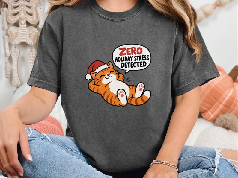 Funny Christmas Cat Shirt, Orange Tabby Cat Gift, Zero Holiday Stress Detected, Cozy Holiday Shirt, Funny Cat Lover Tee, Cat Mom Sweatshirt image 6