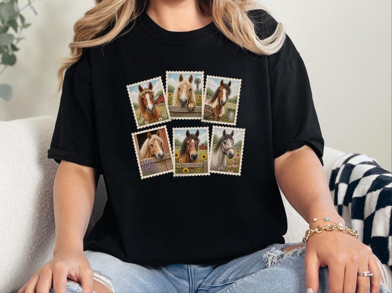 Vintage Horse Stamp Shirt, Equestrian Girl Gift, Vintage Horse Print Tee, Farm Girl Shirt, Horse Lover Gift image 2