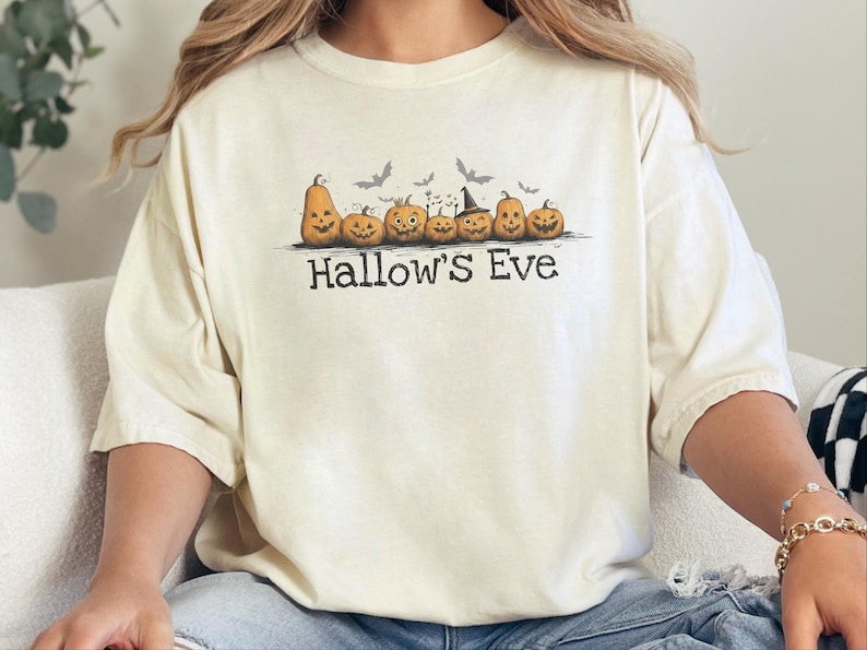 Comfort Colors Halloween Hallow and #39;s Eve Pumpkin Parade Shirt, Funny Spooky Season Tee, Whimsical Witch Hat and Bats, Pumpkin Witch image 1