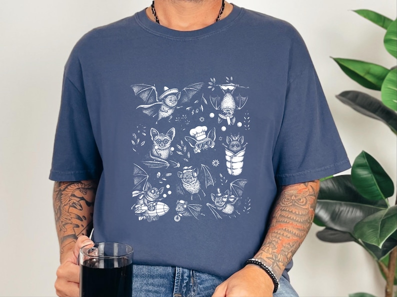 Comfort Colors Cute Bat Print Shirt, Bat Cartoon Adventures, Whimsical Halloween Tee, Spooky Animal Bat Lover Art, Halloween Shirt image 3