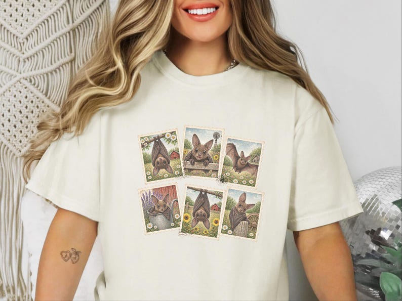 Bat Lover Gift, Vintage Bird Art, Postage Stamp Tee, Cute Bat Shirt, Cottagecore Nature Shirt, Farm Animal Gift image 10