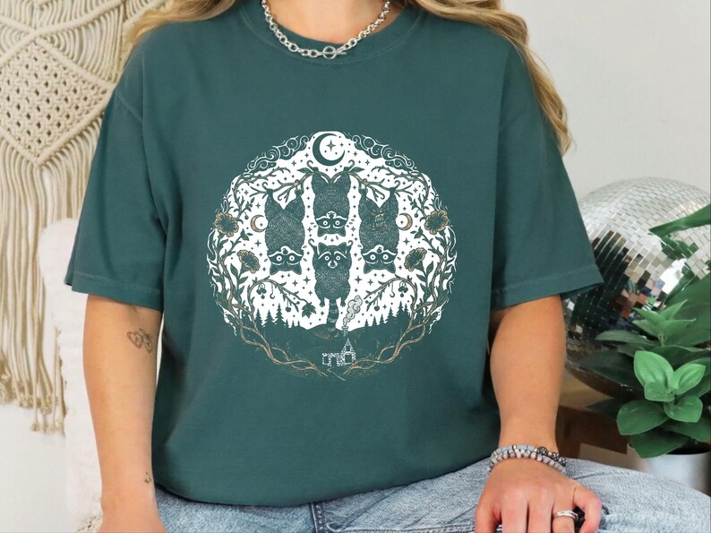 Comfort Colors Funny Raccoon Shirt, Raccoon Tree Branches Moon Graphic Tee, Trash Panda Dark Humor Design, Woodland Forest Celestial Night image 9