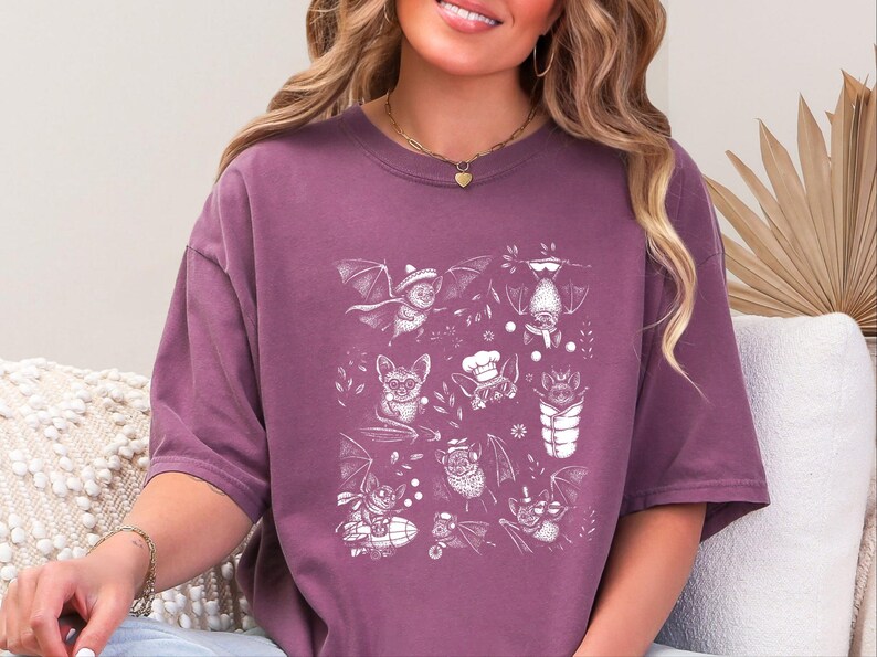 Comfort Colors Cute Bat Print Shirt, Bat Cartoon Adventures, Whimsical Halloween Tee, Spooky Animal Bat Lover Art, Halloween Shirt image 4