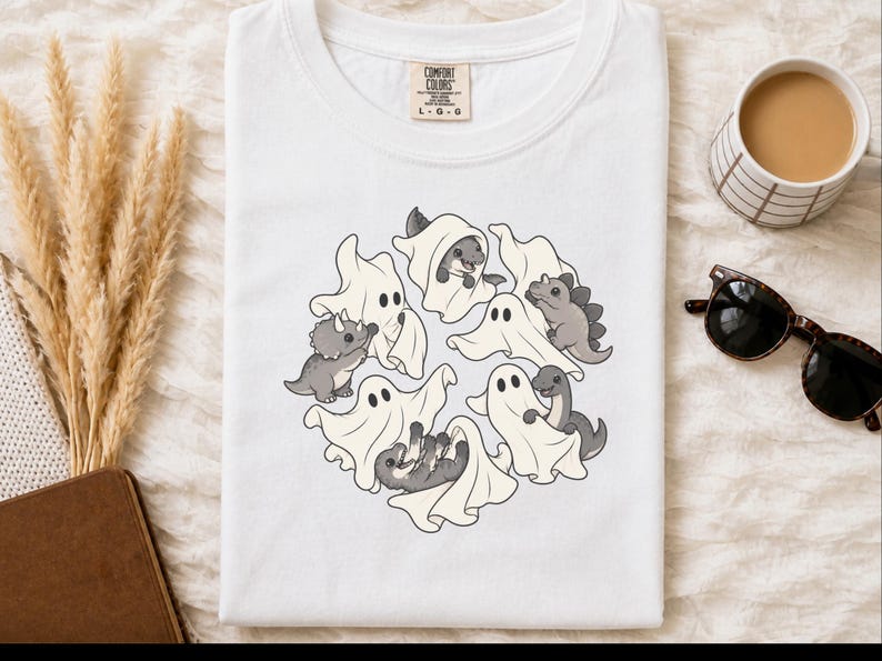 Camiseta infantil de dinosaurios, fantasma jugando con dinosaurios, linda camiseta de Halloween, regalo prehistórico, camiseta para amantes de los dinosaurios, camiseta para fiestas espeluznantes imagen 10