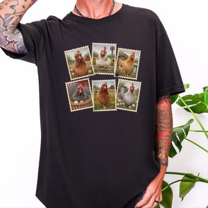 Vintage Chicken Shirt, Postage Stamp Tee, Farm Girl Shirt, Chicken Lover Gift, Retro Farmhouse Shirt, Country Living Shirt image 1