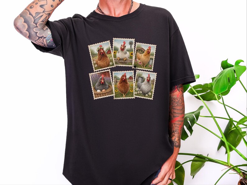 Vintage Chicken Shirt, Postage Stamp Tee, Farm Girl Shirt, Chicken Lover Gift, Retro Farmhouse Shirt, Country Living Shirt image 1