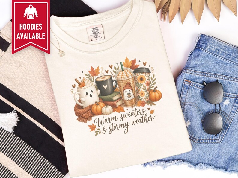 Ghost Coffee Shirt, Fall Coffee Shirt, Halloween Coffee Tee, Cute Ghost Sweater, Warm Sweaters And Stormy Weather, Autumn Sweatshirt image 9
