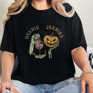 Comfort Colors Watercolor Zombie Heebie Jeebies Shirt, Modern Horror Movie Tee, Retro Goth Halloween Graphic, Spooky Pumpkin Skull Vintage image 3