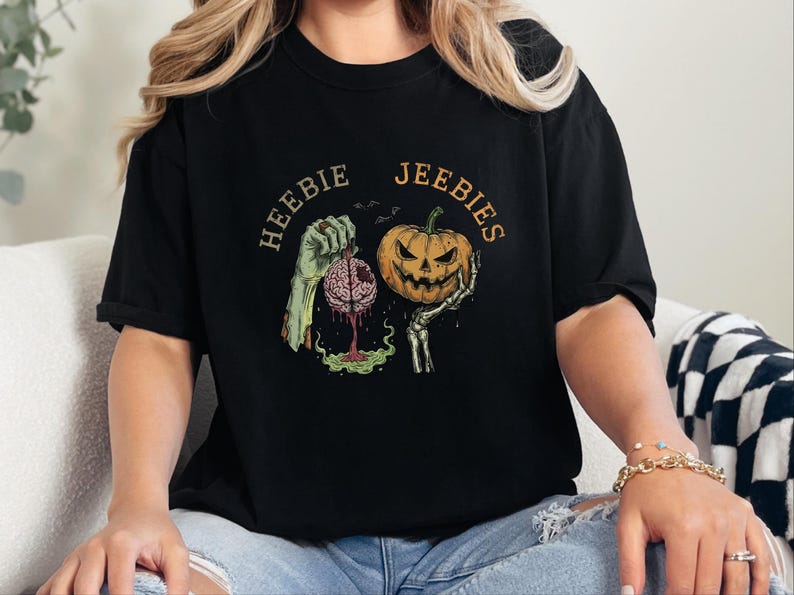 Comfort Colors Watercolor Zombie Heebie Jeebies Shirt, Modern Horror Movie Tee, Retro Goth Halloween Graphic, Spooky Pumpkin Skull Vintage image 3