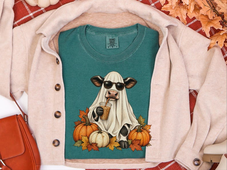 Camiseta de vaca fantasma, camiseta de café de Halloween, camiseta de café de otoño, sudadera con taza de café fantasma, conjunto de otoño con especias de calabaza. imagen 9