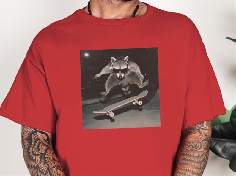 Urban Fashion Look Raccoon, Funny Skatepark Tee | Raccoon At The Skatepark, 90s Skater Gift | Trash Panda Live Fast Eat Trash Retro T-shirt image 8