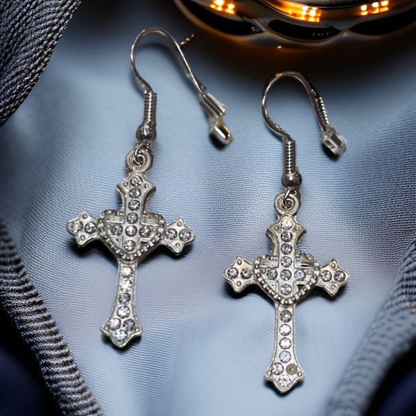 Boucles d'oreille en acier inoxydable avec croix chrétienne en argent plaqué 925 sterling et diamant artificiel