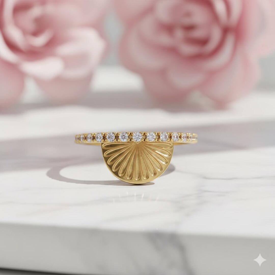14K Gold Sunburst Stacking Ring • Diamond Half Eternity Band • Art Deco ...