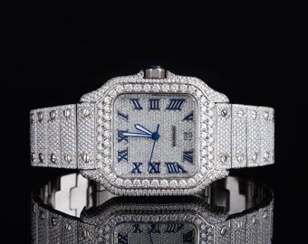 Reloj de diamantes Moissanite para hombre / Reloj con tachuelas Moissanite hecho a mano / Reloj Moissanite Hip-hop