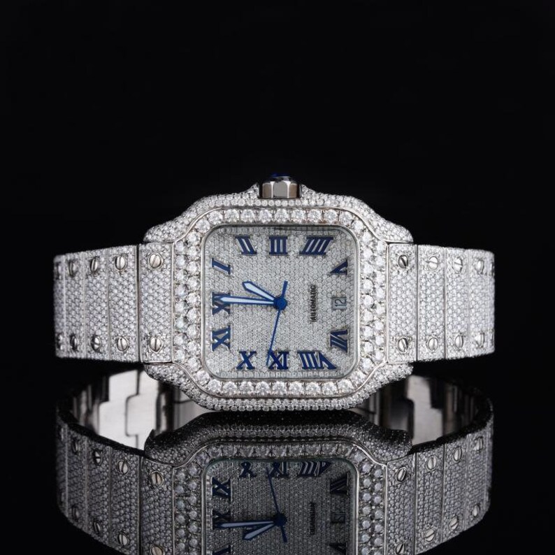 Reloj de diamantes Moissanite para hombre / Reloj con tachuelas Moissanite hecho a mano / Reloj Moissanite Hip-hop imagen 1