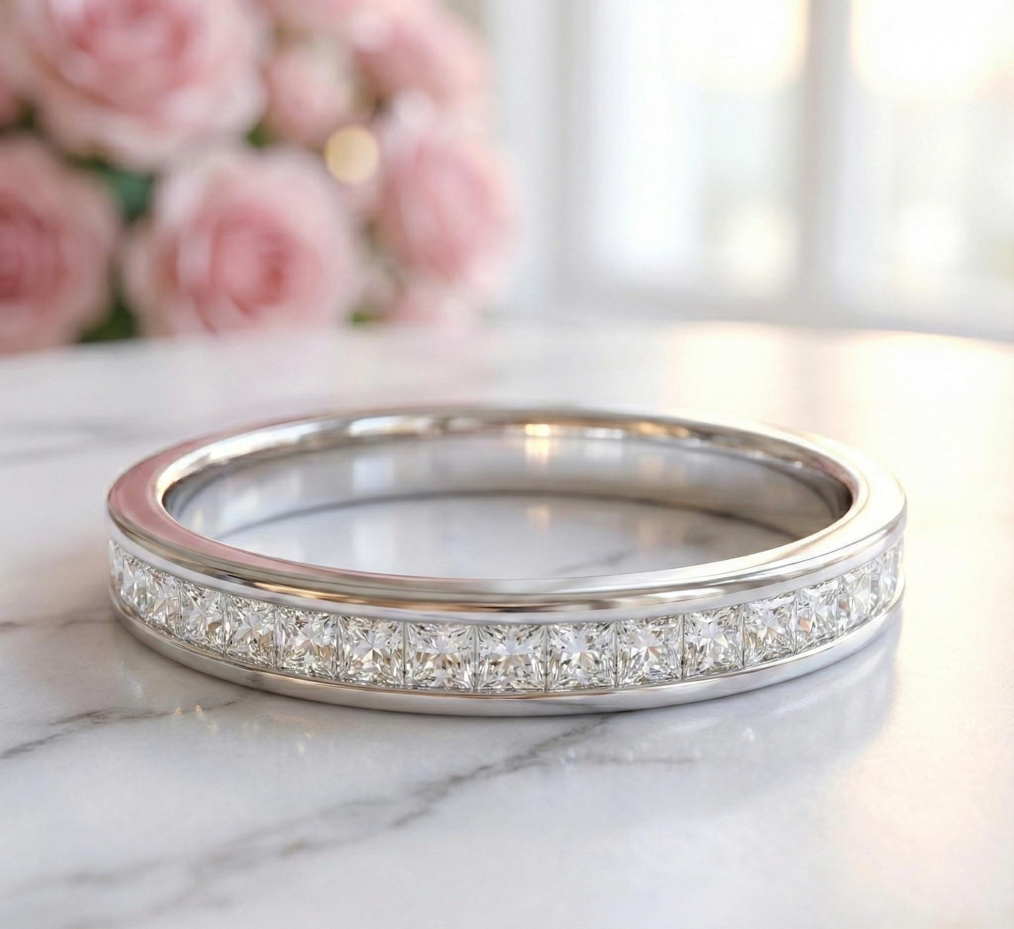 Princess Cut Moissanite Channel Set Eternity Band Ring | 14K Gold ...