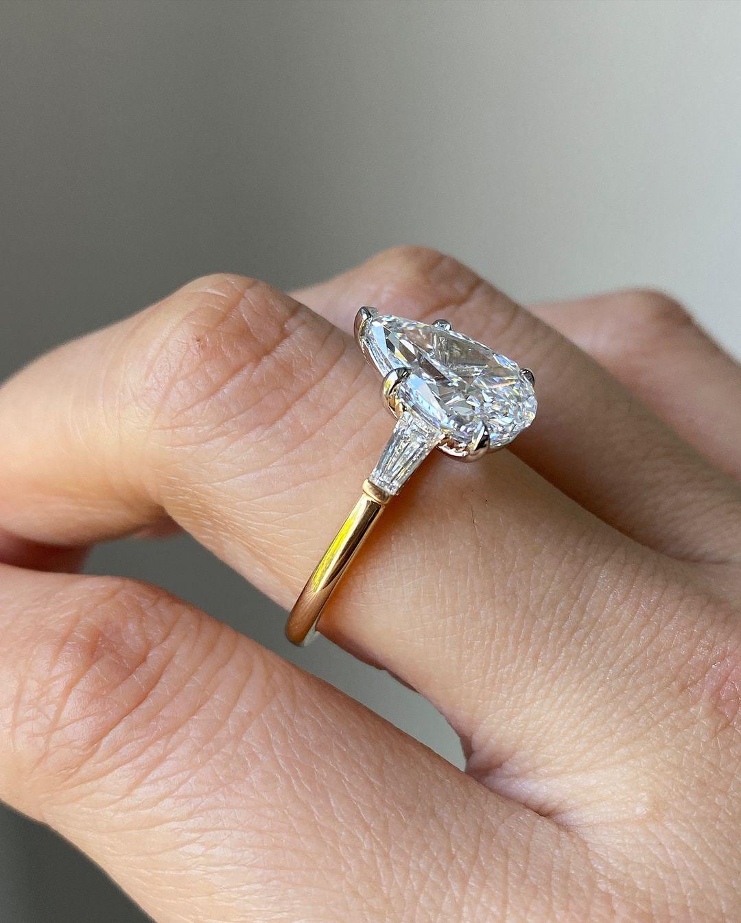 Pear Cut Moissanite Engagement Ring | Three Stone Ring In 14K Gold | Affordable Diamond Alternative Dainty Wedding Ring For Her