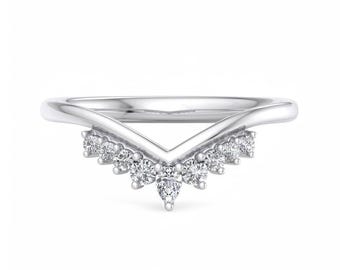 Unique moissanite curved wedding band Vintage yellow gold diamond wedding band Dainty women matching ring Stacking band Promise band