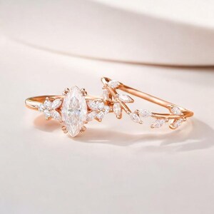 Marquise moissanite engagement ring set Unique Vintage Rose gold engagement ring women Art Deco ring Bridal Promise Anniversary gift for her