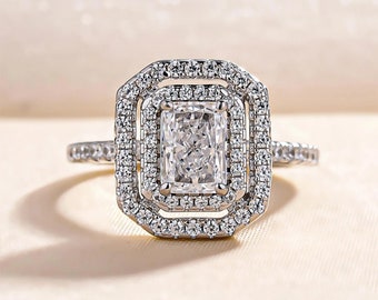 1.5ctw Radiant Halo Diamant Stimulanzien Versprechen Ring, Brautring, Ehering, Sterling Silber, RADIANT CUT Luxe Ring