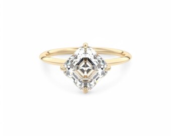 2.0 CT Asscher Cut Thin Band |Sleek Solitaire Ring | Minimalist Gold Ring with Simulated Diamond | Dainty Engagement or Promise Ring for Her