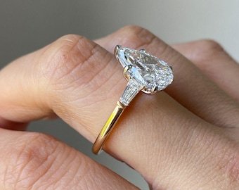 Pear Cut Moissanite Three Stone Engagement Ring, Tapered Baguette Side Round Stone Bridal Wedding Ring, 14k White Gold Ring, Gift For Women
