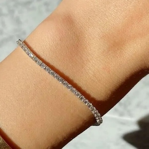 14K White Gold Tennis Bracelet 2mm 1.40TCW Round Cut CZ Diamond 925 Sterling Silver, Dainty Silver Bracelet for Men Women