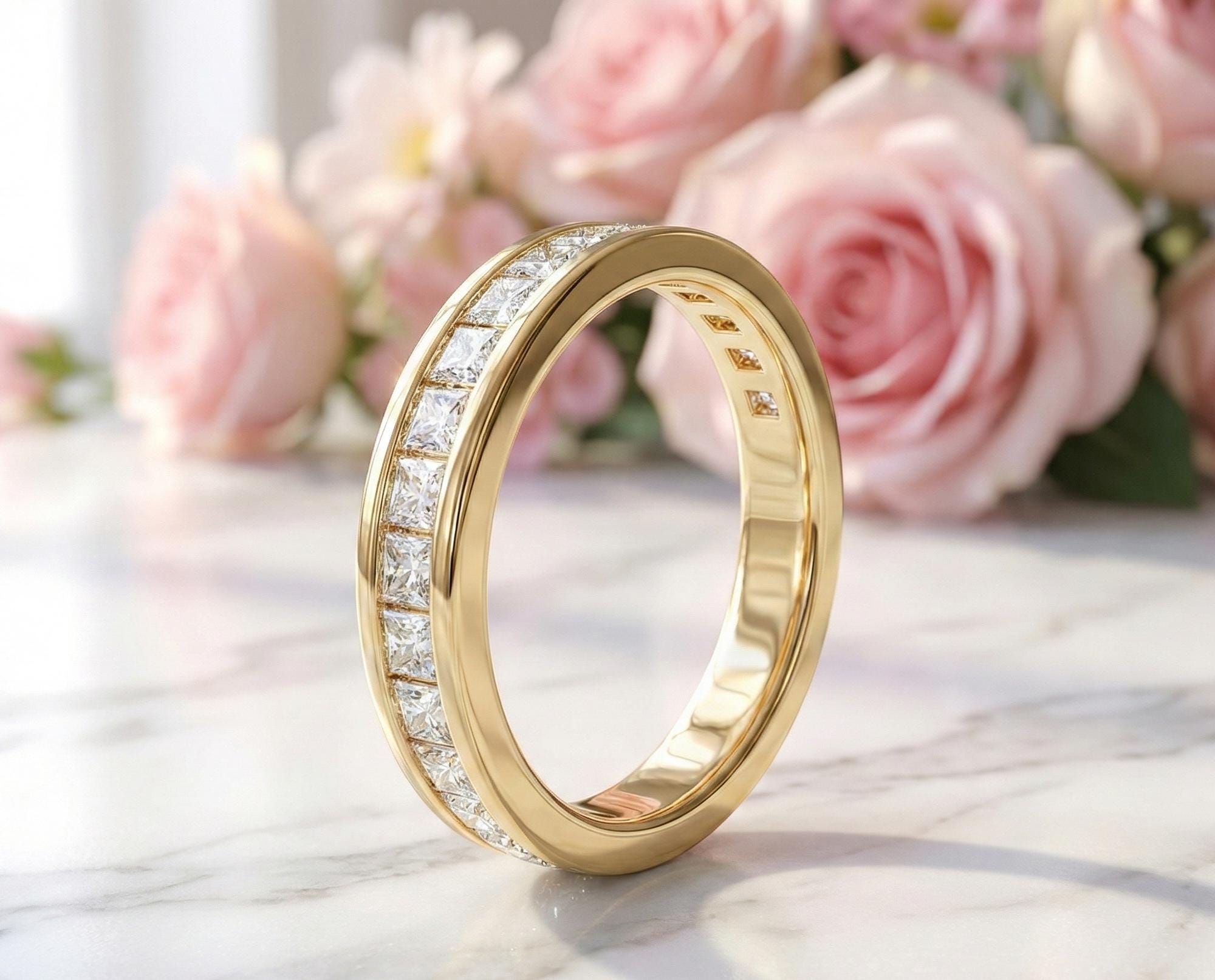Princess Cut Moissanite Channel Set Eternity Band Ring | 14K Gold ...