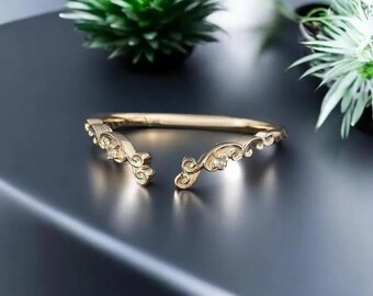 Round cut Aquamarine curved wedding band Yellow gold wedding band Open Floral ring Marriage ring Matching ring vintage Jewelry Promise gift