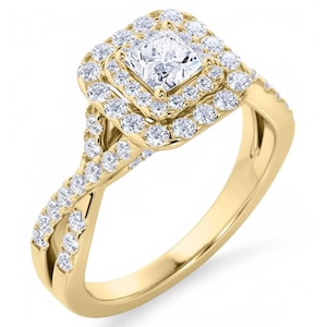 May include: A gold engagement ring with a square-shaped diamond center stone surrounded by a double halo of smaller diamonds. The band is twisted and features pave-set diamonds.