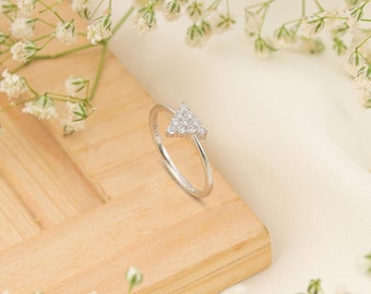 Pave Moissanite Triangle Wedding Band, Solid Gold Eternity Ring for Women,14k Gold Unique Wedding Ring, Dainty Stacking Band, Geometric Band
