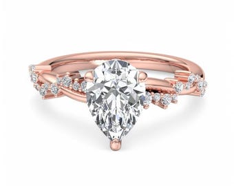 1.50 ct Pear Cut Moissanite Ring with Twisted band, Anniversary Surprise Gift for Her, 18k Solid Rose Gold Pear Cut Moissanite Gift for Her