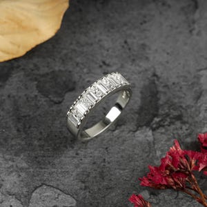14k Gold Minimal Baguette Wedding Ring, Solid Gold Ultra Thin Stacking Ring, Half Eternity Moissanite Diamond Ring, Dainty Baguette Ring