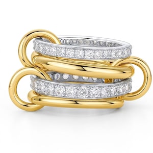 Anel de ouro 14K com moissanita e diamantes entrelaçados | Anéis empilháveis em ouro bicolor com pavé | Anel exclusivo com conectores múltiplos para mulheres