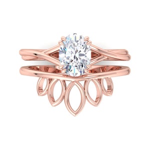 Anello di fidanzamento ovale in Moissanite con set di anelli di fidanzamento vintage unici in oro rosa, anello solitario da donna, anello di fidanzamento nuziale con diamanti immagine 2