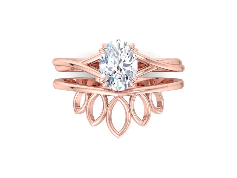 Anello di fidanzamento ovale in Moissanite con set di anelli di fidanzamento vintage unici in oro rosa, anello solitario da donna, anello di fidanzamento nuziale con diamanti immagine 2
