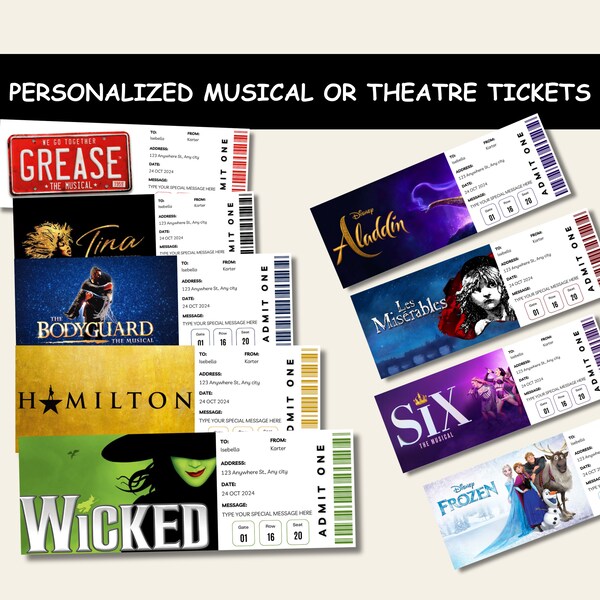 Personalised/Custom Theatre Ticket | Event Ticket Surprise Voucher | Musical Ticket | Broadway Ticket | Souvenir Ticket | Memorabilia Ticket