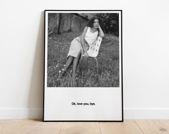 May include: Monochrome framed print showing a person seated on a chair in a grassy area. The person wears a white top and skirt. The print includes the text "Ok, love you, bye."