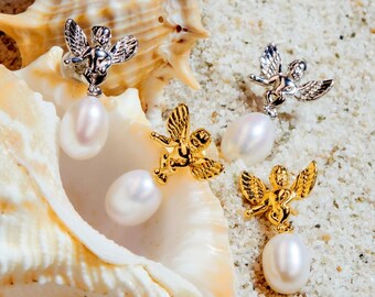 Freshwater Pearl Angel Wing Earrings: Golden or Silver Studs