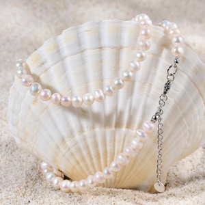 Freshwater Pearl Necklace: Minimalist White Pearl Beaded Jewelry, Silver Extender