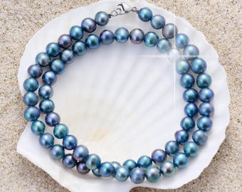MYSOYA Natural Blue Pearl Necklace, Peacock Blue Freshwater Pearl Necklace 7-8mm, Everyday Pearl Jewelry, Gift for Her S101