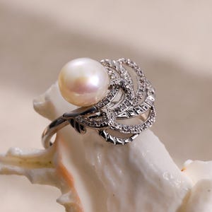 MYSOYA 8–9mm White Freshwater Pearl Open Ring, Silver Feather Wing CZ Ring, S925 Sterling Silver, Elegant & Ethereal, Birthday Gift S404