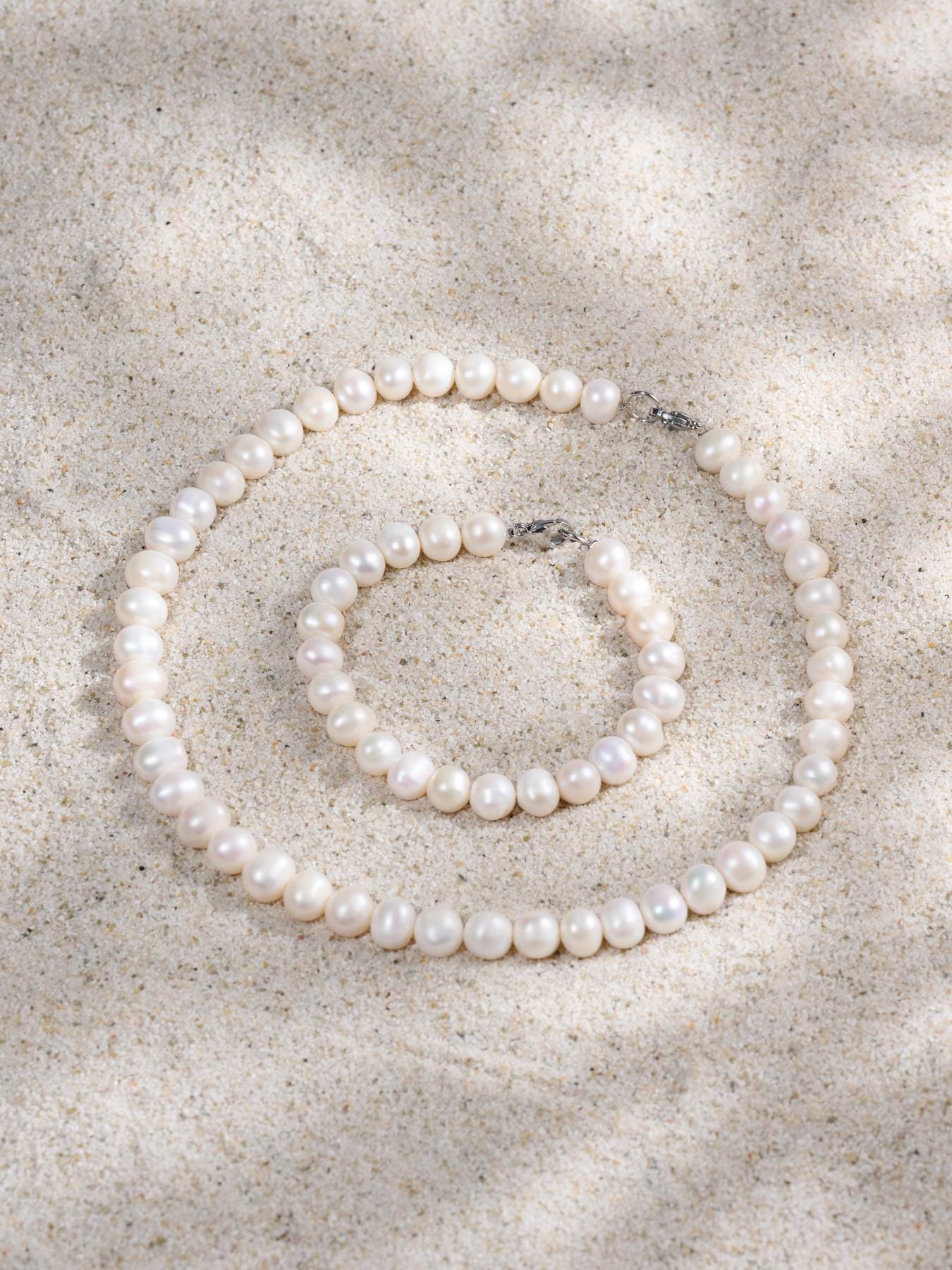 MYSOYA Natural White Freshwater Pearl Necklace and Bracelet Set, 7