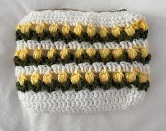 Yellow Crochet tulip makeup pouch, crochet pouch, makeup pouch, crochet, crochet tulip makeup pouch with lining
