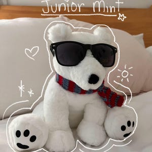 K&ouml;nnte beinhalten: Ein wei&szlig;er Pl&uuml;sch-Eisb&auml;r, der eine schwarze Sonnenbrille und einen rot-grauen gestreiften Schal tr&auml;gt. Der B&auml;r sitzt auf einem wei&szlig;en Bett mit einem Holz-Kopfteil. Der Text "Junior Mint" ist in wei&szlig; &uuml;ber dem B&auml;ren geschrieben.