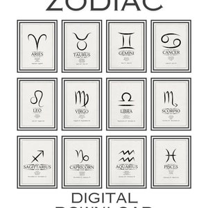 Zestaw 12 wydruków znaków zodiaku, znak zodiaku, wydruk zodiaku, czarno-białe zestawy, minimalistyczny zodiak, astrologia, prezenty ze znakiem zodiaku, cyfrowy
