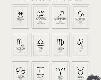 Printset met sterrenbeelden: minimalistische zwart-witte astrologische kunst (digitale download)