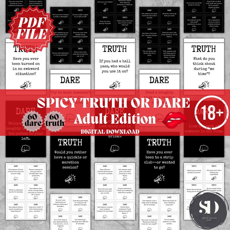 Op de afbeelding: Een verzameling zwart-witte Truth or Dare-kaarten met rode accenten. De kaarten bevatten verschillende vragen en zijn gelabeld met "Spicy Truth or Dare Adult Edition". De afbeelding bevat de tekst "PDF FILE" en "18+".